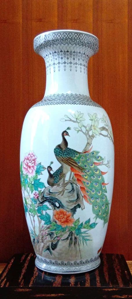 中国景徳鎮製　孔雀牡丹漢詩 大型花瓶
