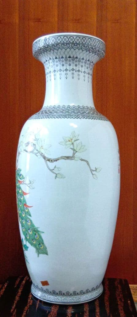 中国景徳鎮製　孔雀牡丹漢詩 大型花瓶