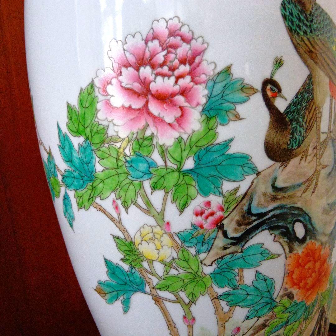 中国景徳鎮製　孔雀牡丹漢詩 大型花瓶