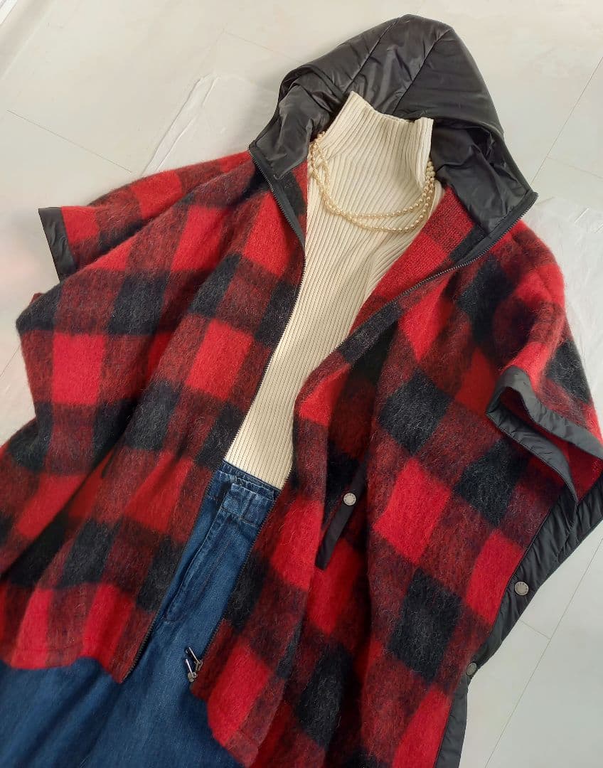 美品　MaxMara チェック柄フード付きポンチョ L
