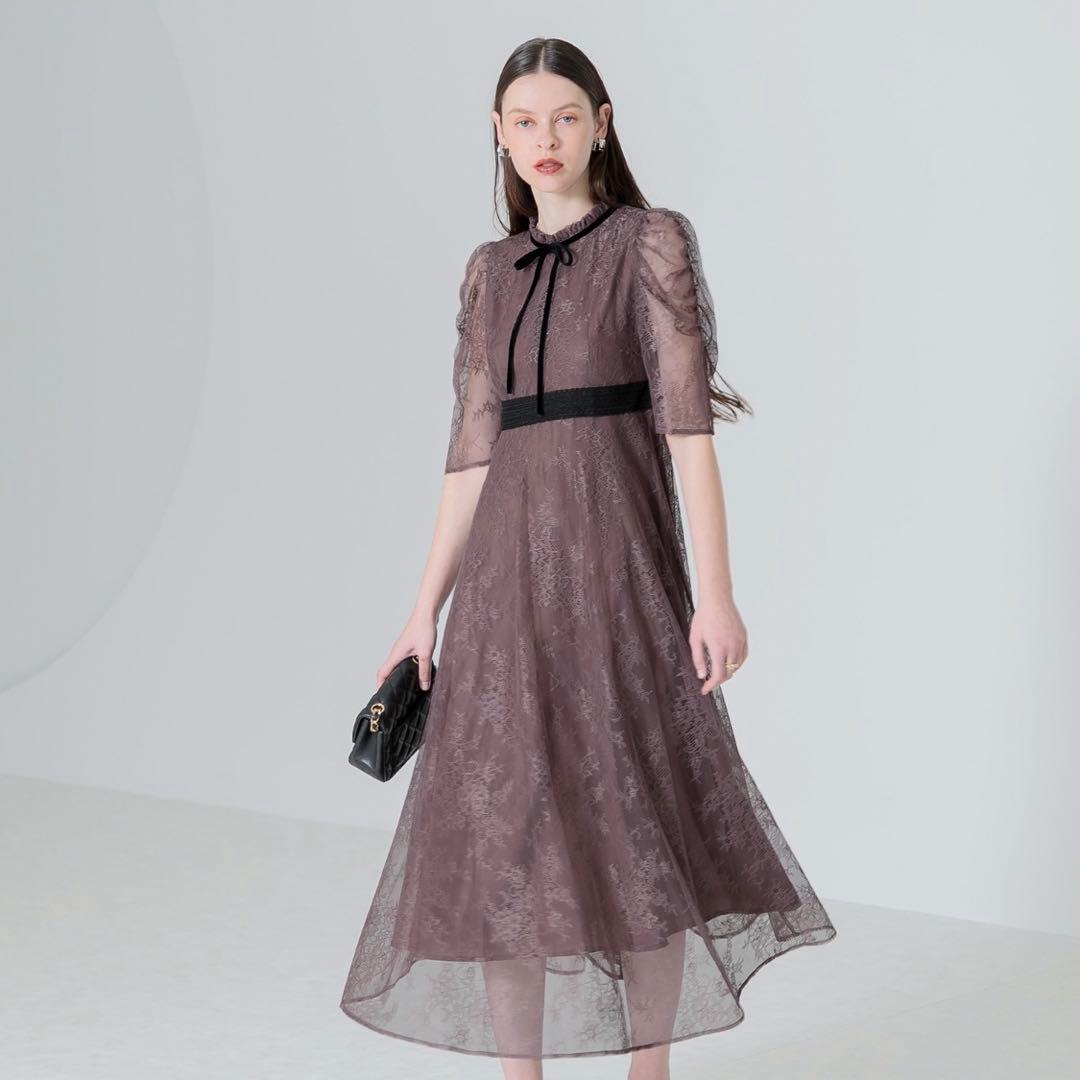 【美品】leja ウエストマーク　パフスリーブ　レースロングワンピース　ドレスM