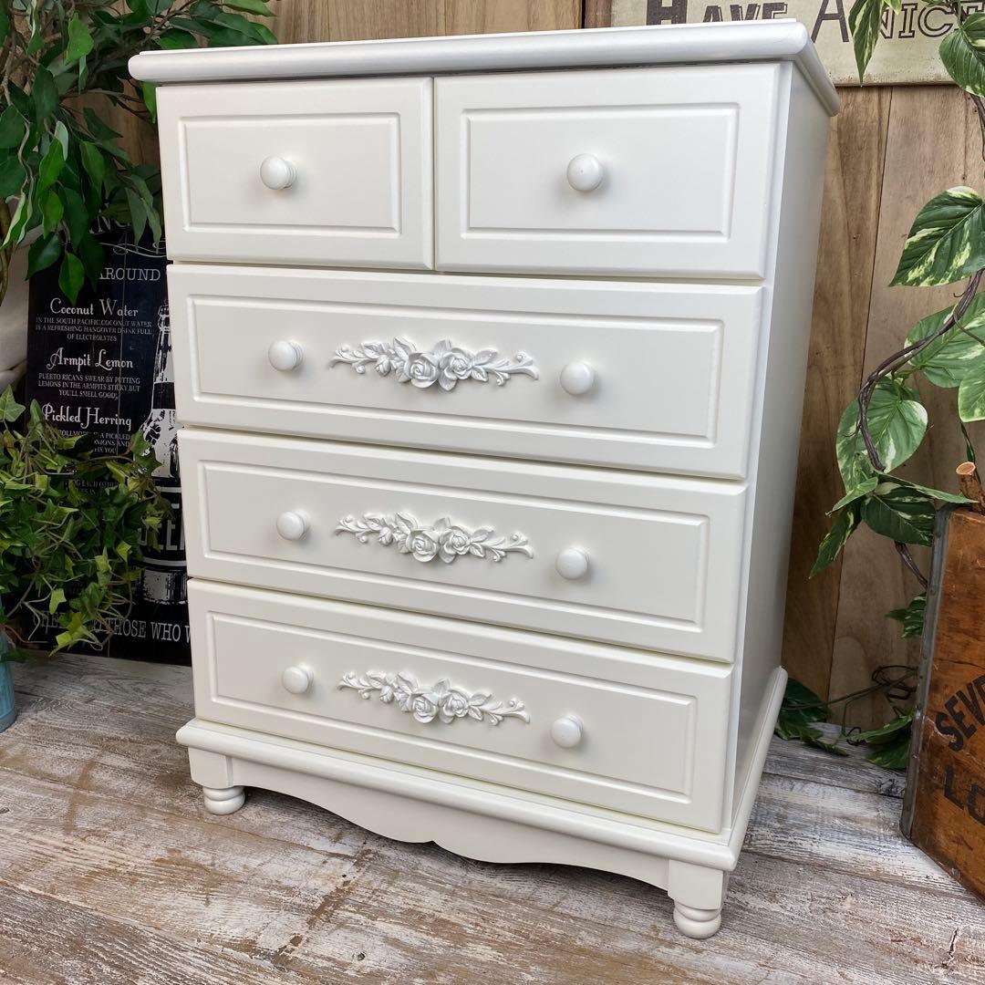 訳あり品【130】フレンチカントリー調ホワイトチェスト四段五つ引き木製タンス収納