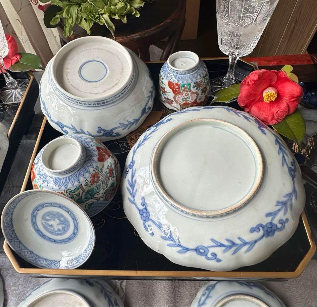 2171様感謝‼️大正頃の伊万里上手錦Dragon❌あじさい桐に蝶蜂7寸皿2客