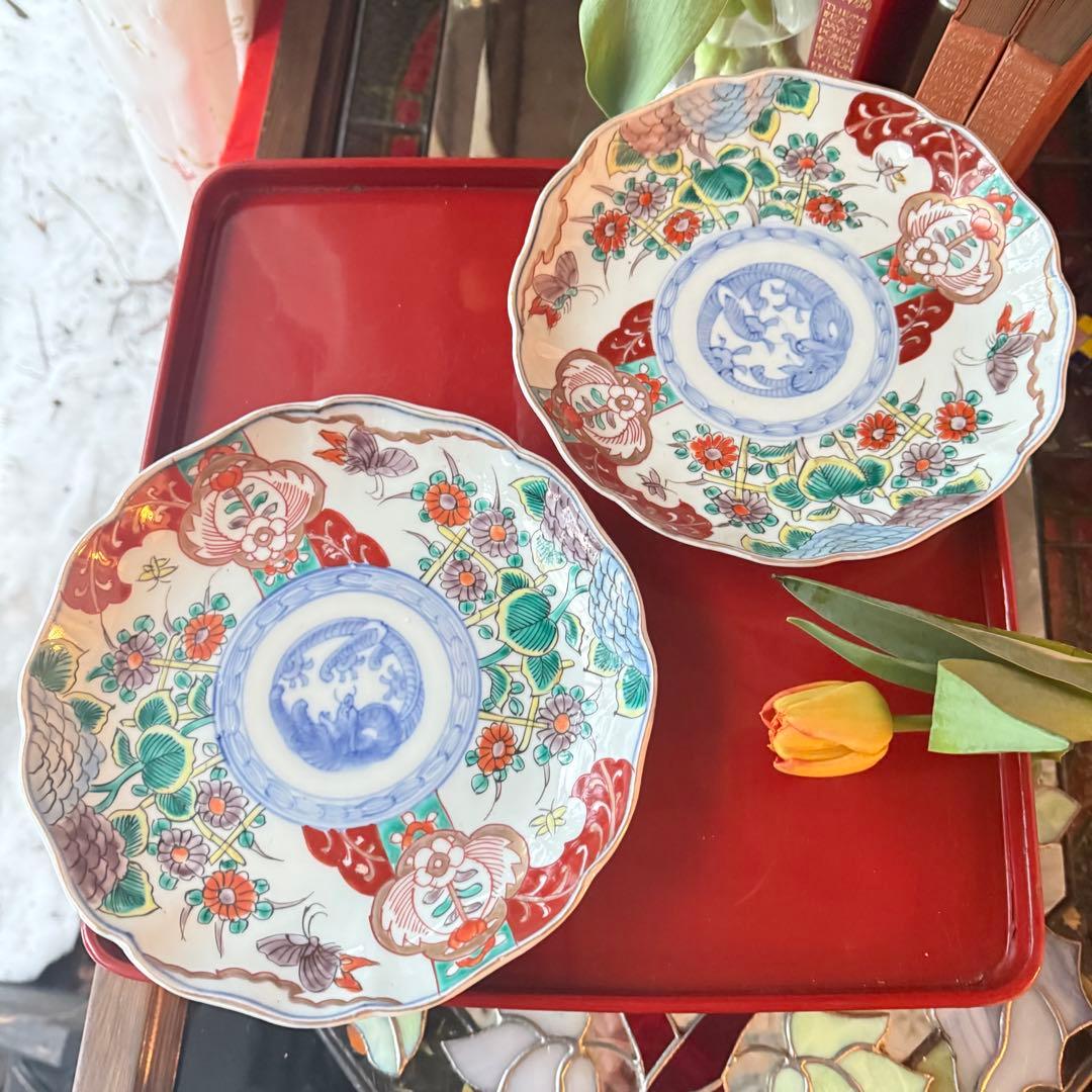 2171様感謝‼️大正頃の伊万里上手錦Dragon❌あじさい桐に蝶蜂7寸皿2客