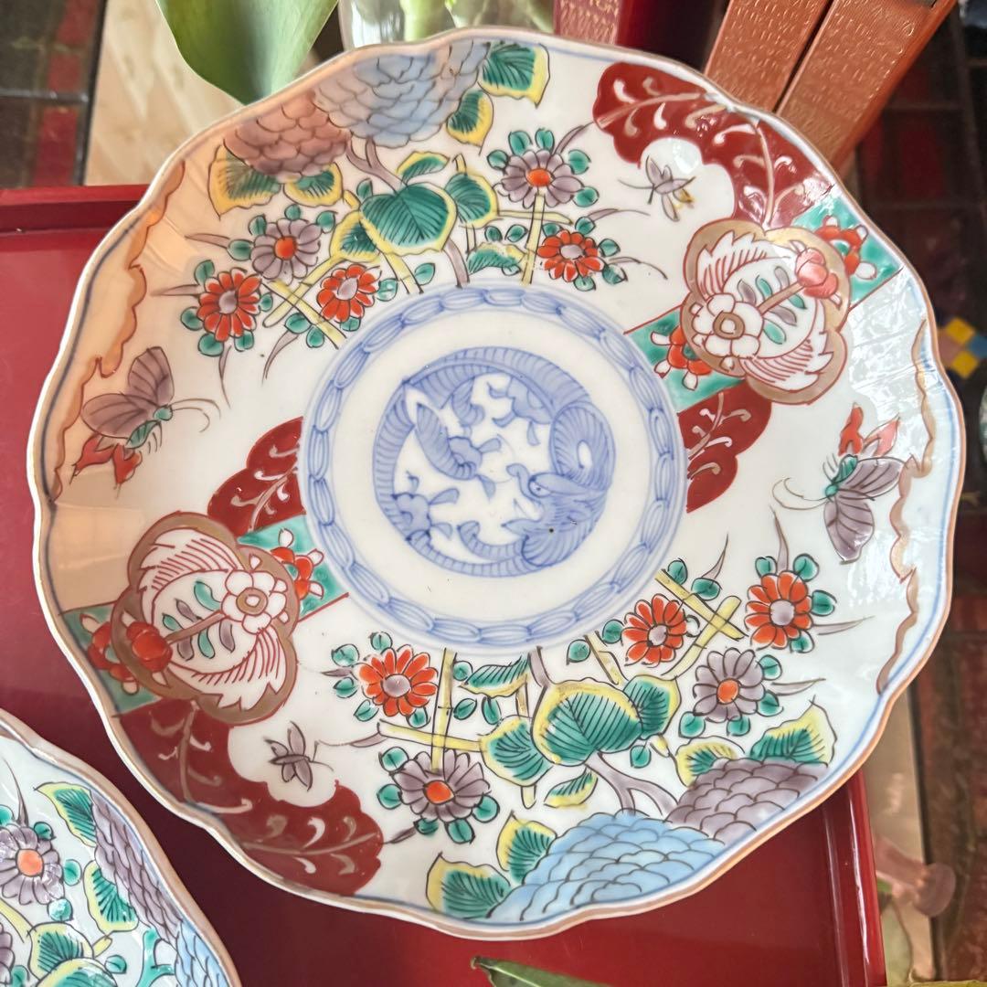 2171様感謝‼️大正頃の伊万里上手錦Dragon❌あじさい桐に蝶蜂7寸皿2客