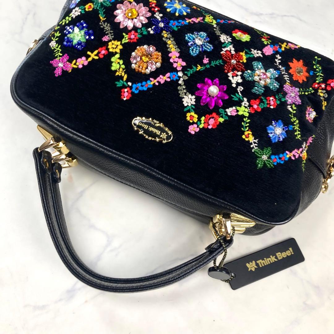 極美品 シンクビー ハンドバッグ ビーズ 花 ベロア 黒 レザー