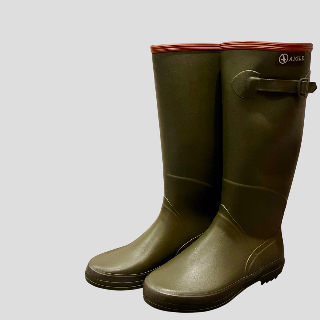 【極美品】AIGLE エーグル カーキ ロングブーツ レインブーツ バックル付き