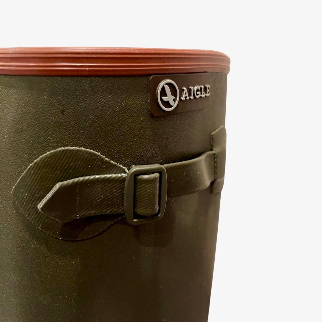 【極美品】AIGLE エーグル カーキ ロングブーツ レインブーツ バックル付き