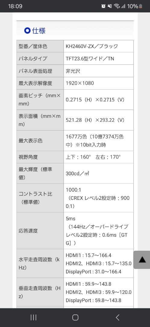 23.6型 ゲーミングモニター 144Hz 電源ケーブル DPケーブル付き