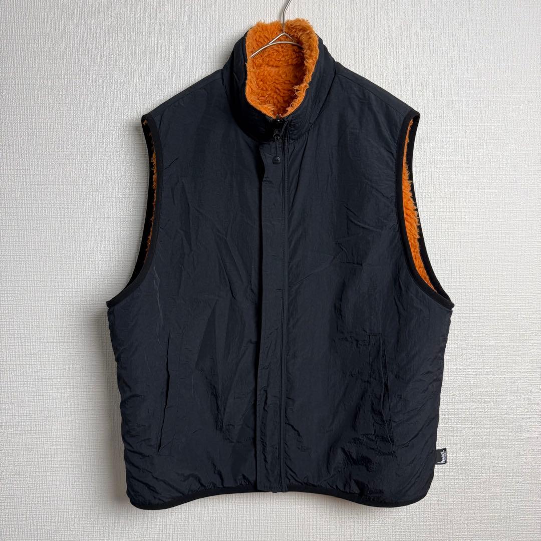 522 STUSSY リバーシブルボアベスト 橙×黒 フリース ストリート 映え