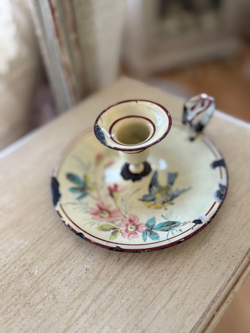 フランスアンティーク花と鳥のハンドペイントホーローキャンドルホルダー