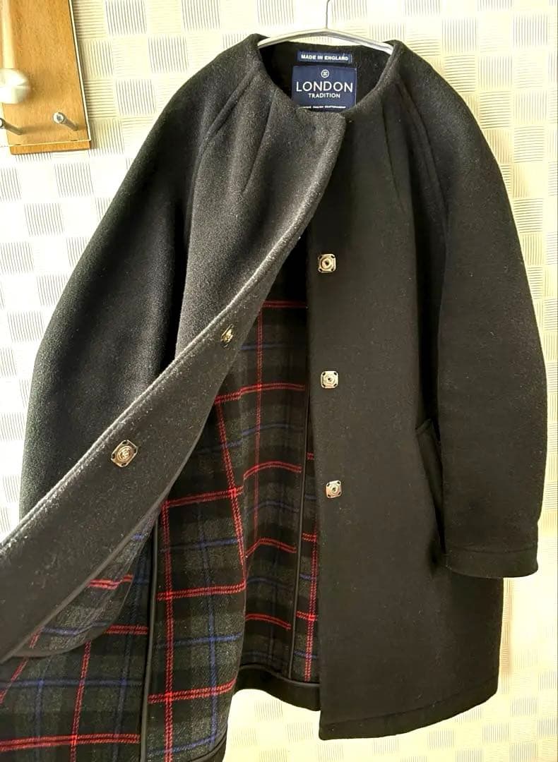 ロンドントラディション　ノーカラーウールコート　黒✖️チェック　再お値下げ