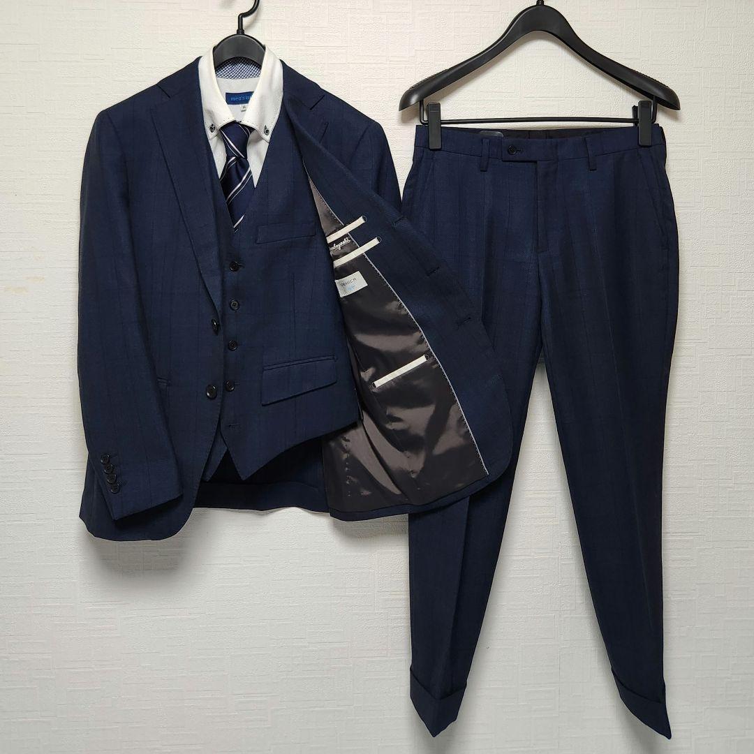オリヒカ　メンズスーツ　スリーピース　セットアップ　濃紺ブルー　チェック