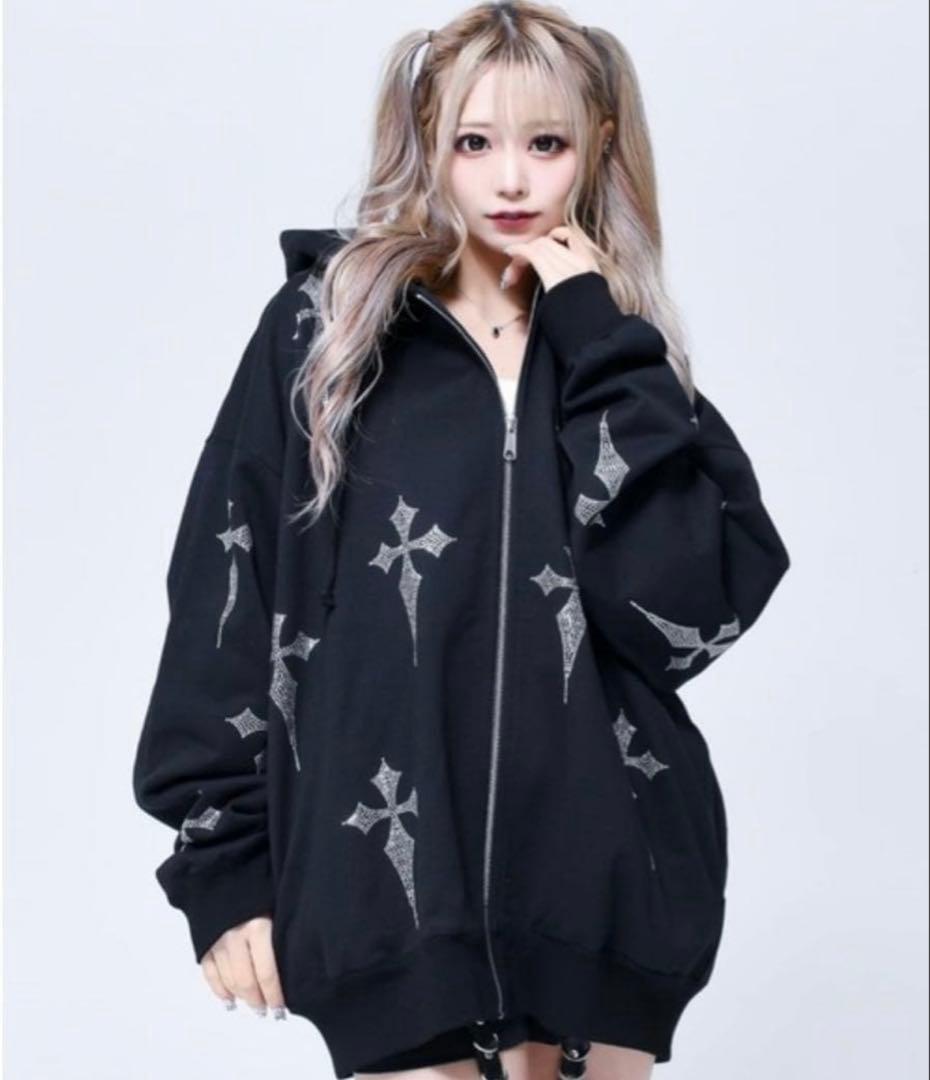 REFLEM レフレムクロス　総柄　ラインストーン　ZIPパーカー　ブラック