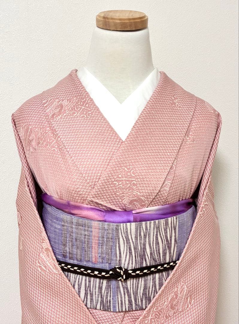 袷　御召し　鹿子地紋飛び柄　裄67cm 正絹