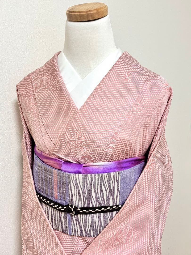 袷　御召し　鹿子地紋飛び柄　裄67cm 正絹