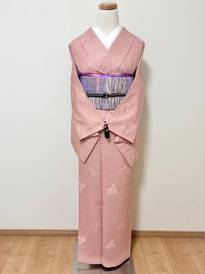 袷　御召し　鹿子地紋飛び柄　裄67cm 正絹