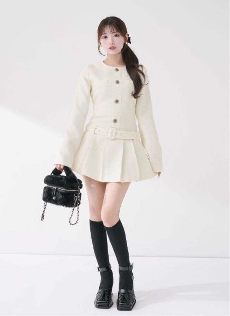 Darich ダーリッチ ボックスプリーツツイードミニワンピース ホワイト