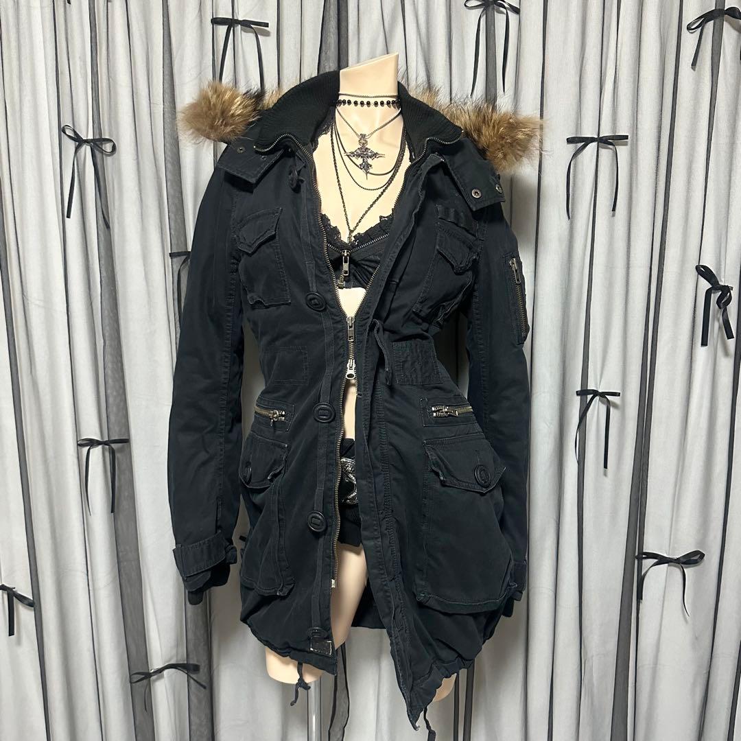 平成ギャル y2k　リアルファー付きミニタリーモッズコート　黒　グランジ　ダウン