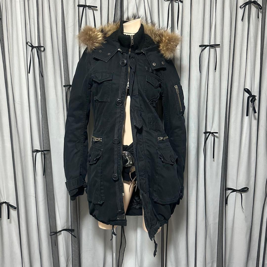 平成ギャル y2k　リアルファー付きミニタリーモッズコート　黒　グランジ　ダウン