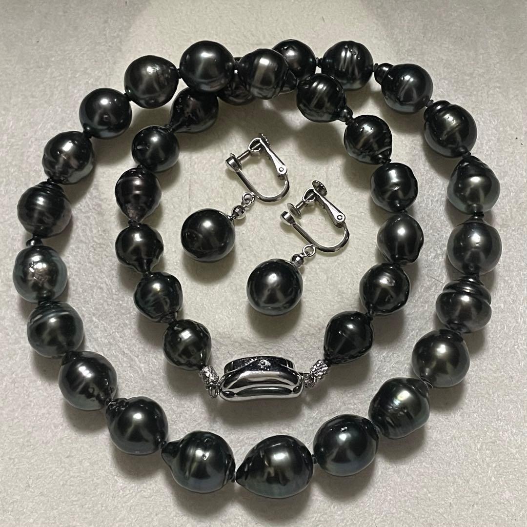 はっぱ5 【2点セット✨黒蝶真珠】ネックレス イヤリング 9.0-11.