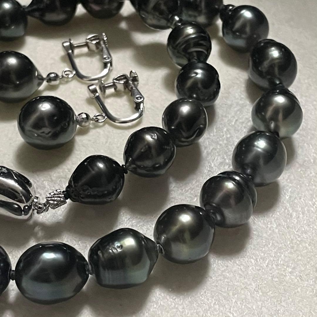 はっぱ5 【2点セット✨黒蝶真珠】ネックレス イヤリング 9.0-11.