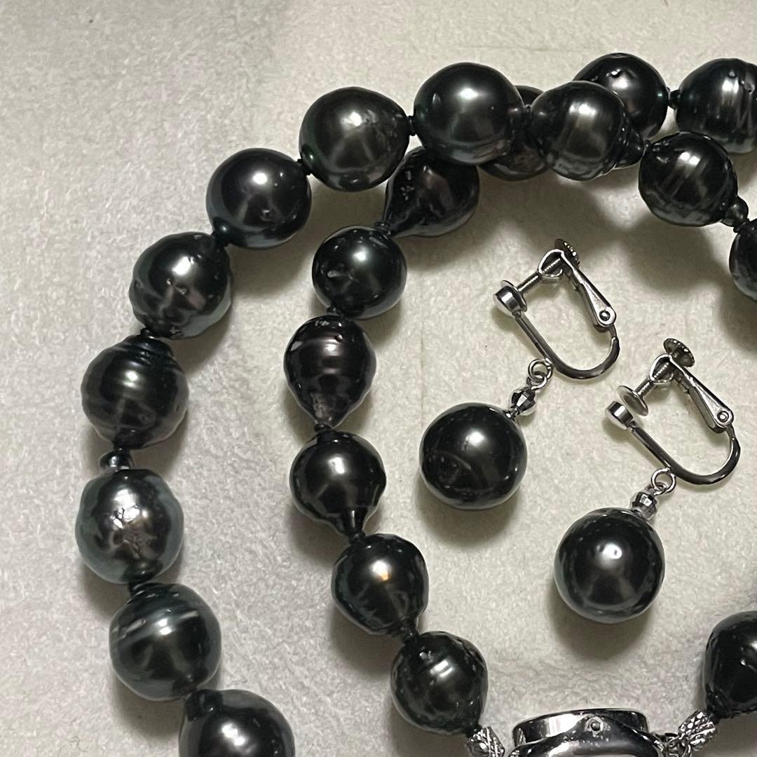 はっぱ5 【2点セット✨黒蝶真珠】ネックレス イヤリング 9.0-11.