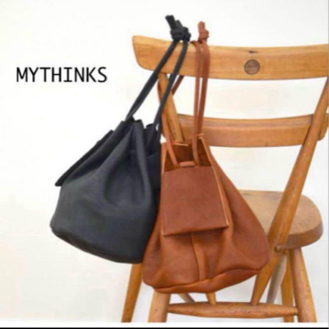 MYTHINKS レザー巾着バッグ 本革 円筒形 ドローストリング仕様 ブラック