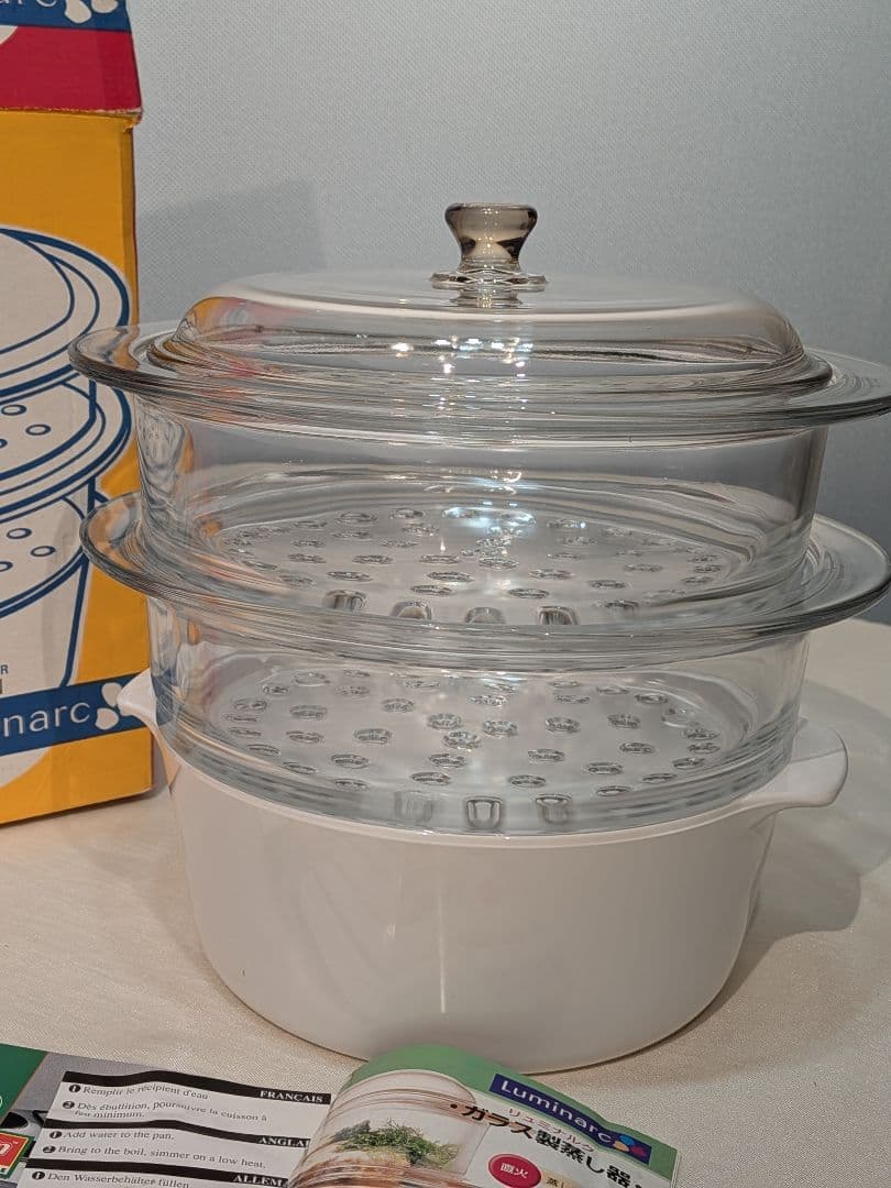 リュミナルク　蒸し器　ガラス　未使用　綺麗　鍋　ホワイト　せいろ　説明書付き