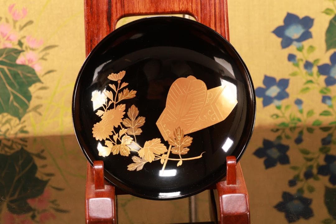 時代輪島塗　目出た図金蒔絵　吸物椀　五客　木製　霊芝　草花 BJ047