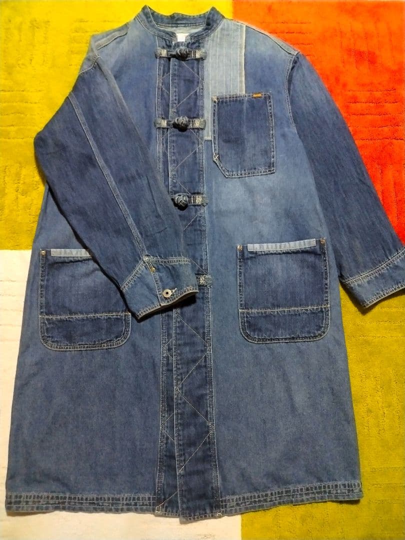 サクです。チャイナボタン デニムコート パッチワーク ビンテージ