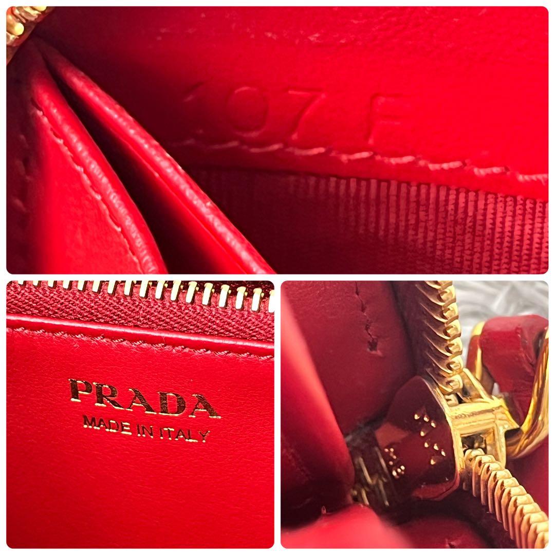 極美品✨PRADA ラウンドファスナー　三角ロゴ　シボレザー　レッド　レディース