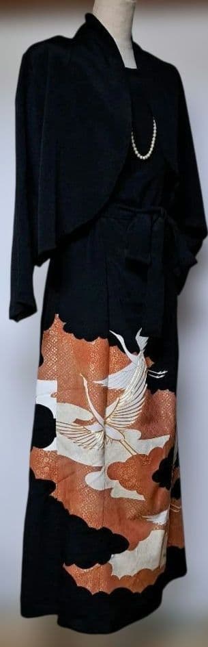 留袖 リメイクボレロ付きロングドレス　鶴と雲模様