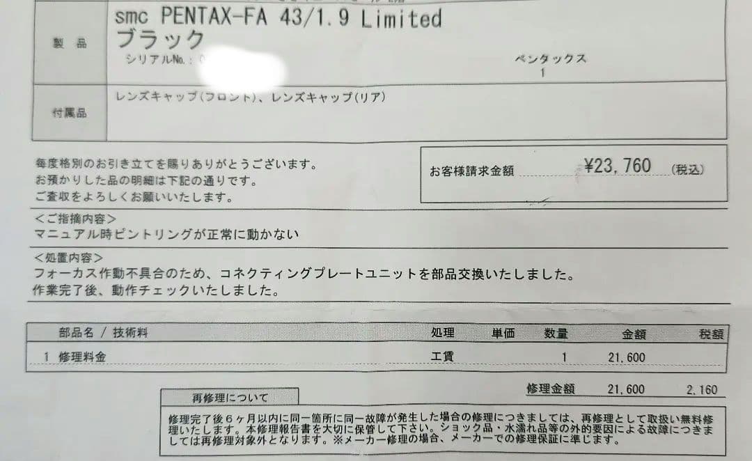 smc FA LIMITED 43mm f1.9　made in JAPAN