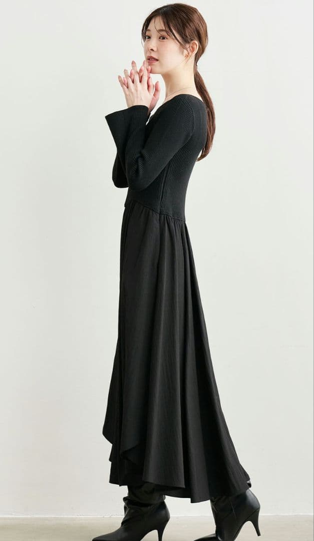 ココディール　ペタルヘムスカートドッキングニットワンピース
