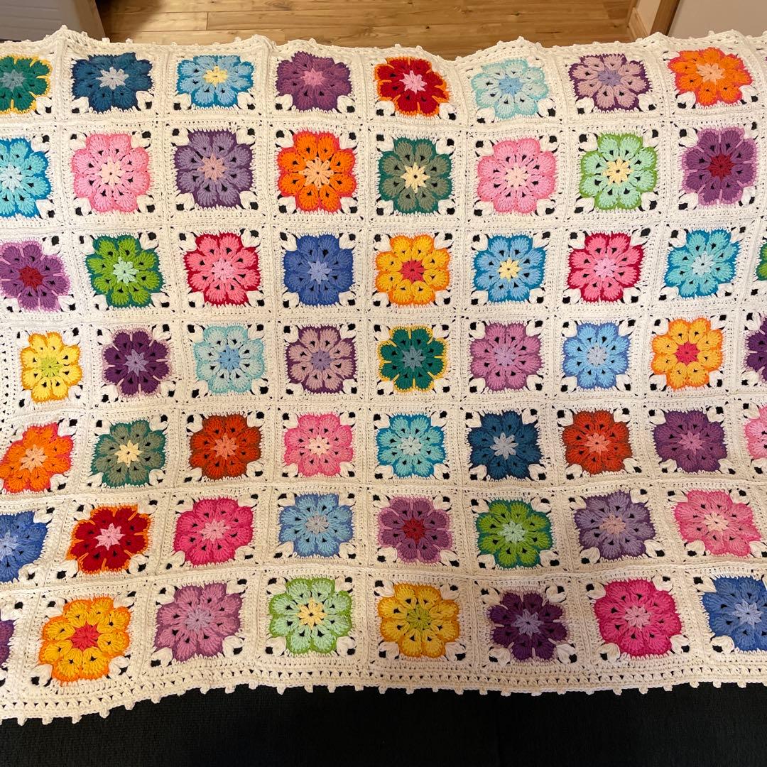 ハンドメイド　ブランケット　アフリカンフラワー　マルチカバー　コットン