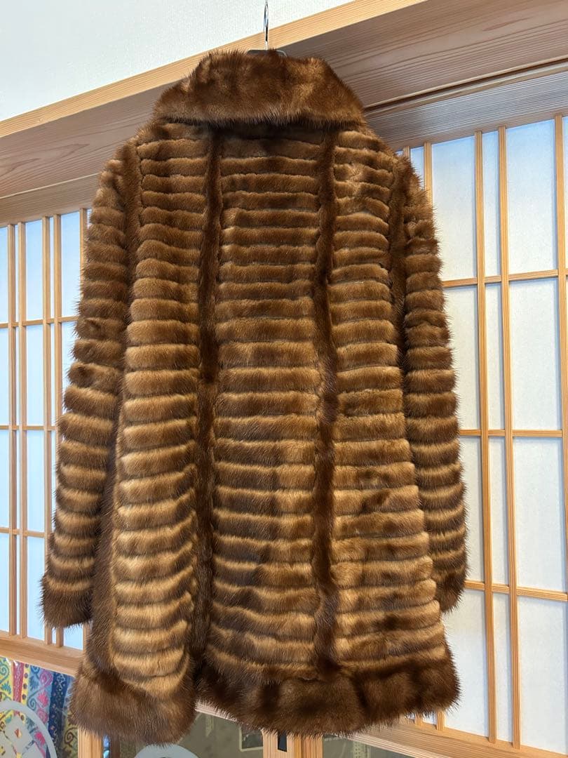 毛皮コート ファーコート リアル ミンク ロング ブラウン ベージュ　M