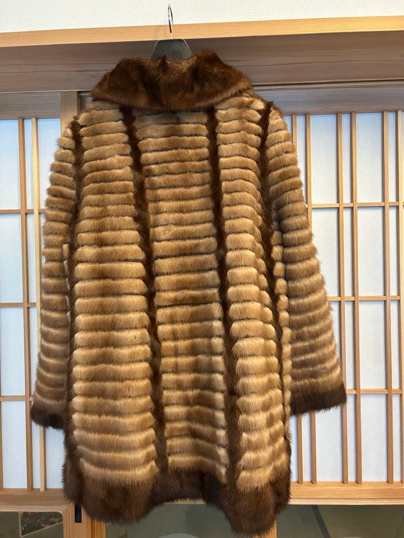 毛皮コート ファーコート リアル ミンク ロング ブラウン ベージュ　M