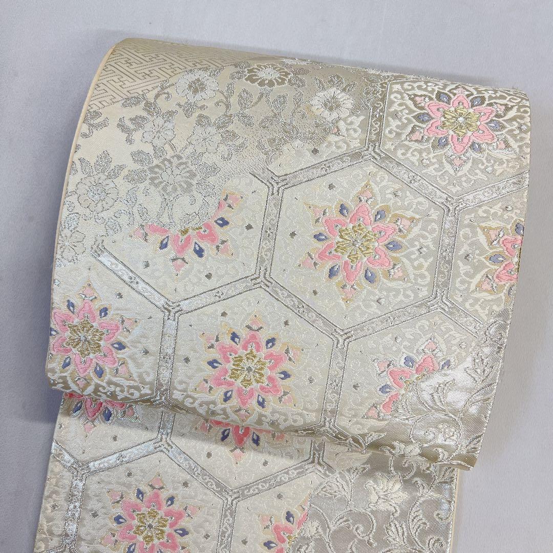 袋帯　正絹　銀糸　亀甲　華紋　唐花模様　檜垣　道長取り　着物　054t