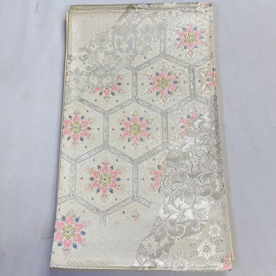 袋帯　正絹　銀糸　亀甲　華紋　唐花模様　檜垣　道長取り　着物　054t