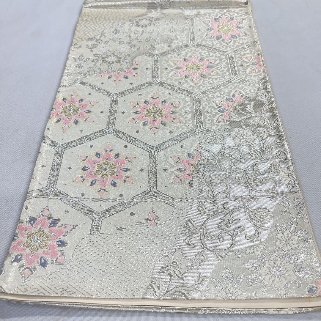 袋帯　正絹　銀糸　亀甲　華紋　唐花模様　檜垣　道長取り　着物　054t