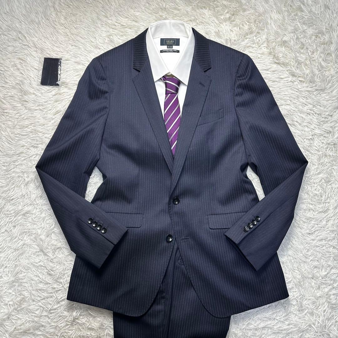 未使用級 スーツセレクト セットアップ ウール混 ネイビー 共布ボタン有 A6