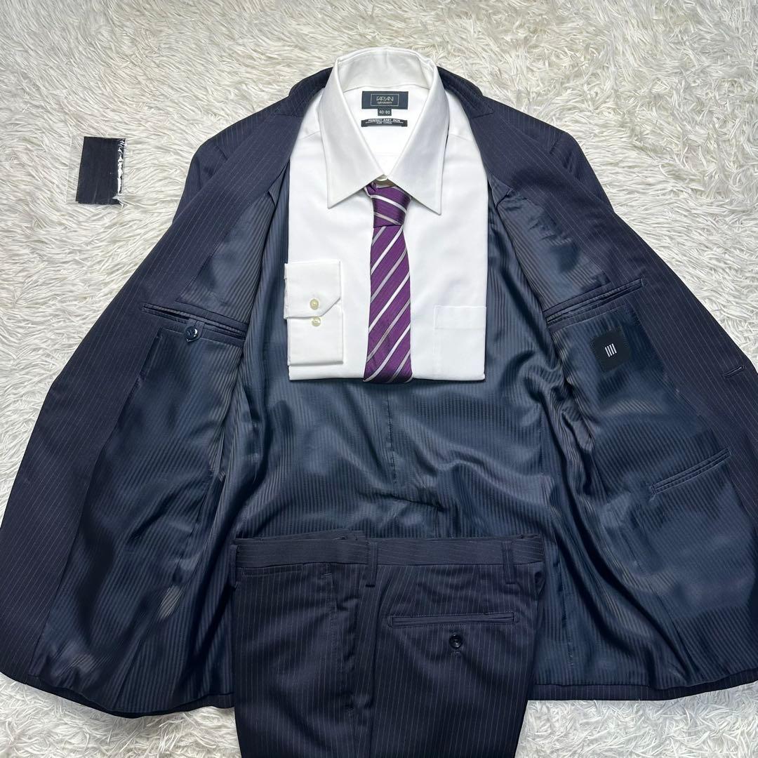 未使用級 スーツセレクト セットアップ ウール混 ネイビー 共布ボタン有 A6