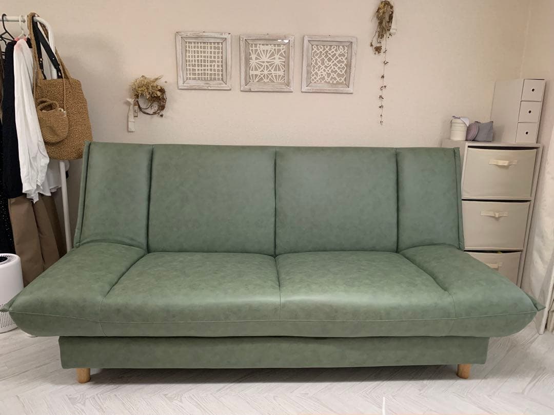 ソファベッド ファブリックレザー 3人掛け モスグリーン
