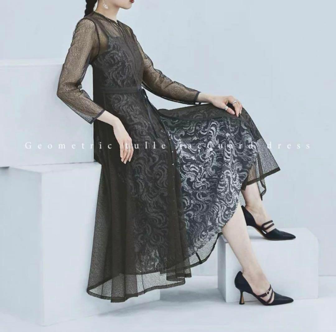 【美品】etoll. 幾何学チュールジャガードレースワンピース チャコール S