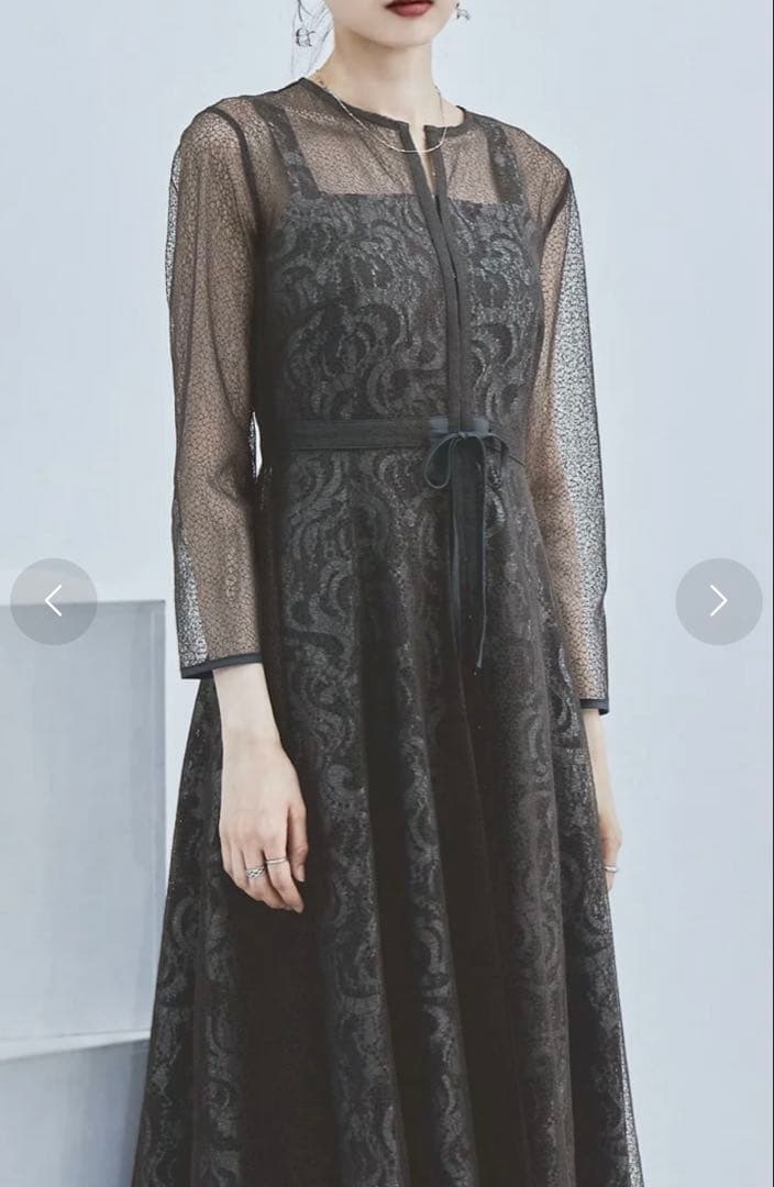 【美品】etoll. 幾何学チュールジャガードレースワンピース チャコール S