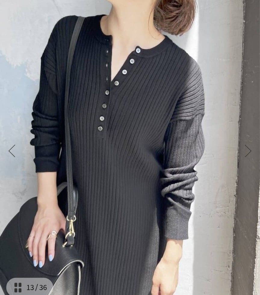 《手洗い可 / 追加》ヘンリーネックリブニットワンピース グレ－