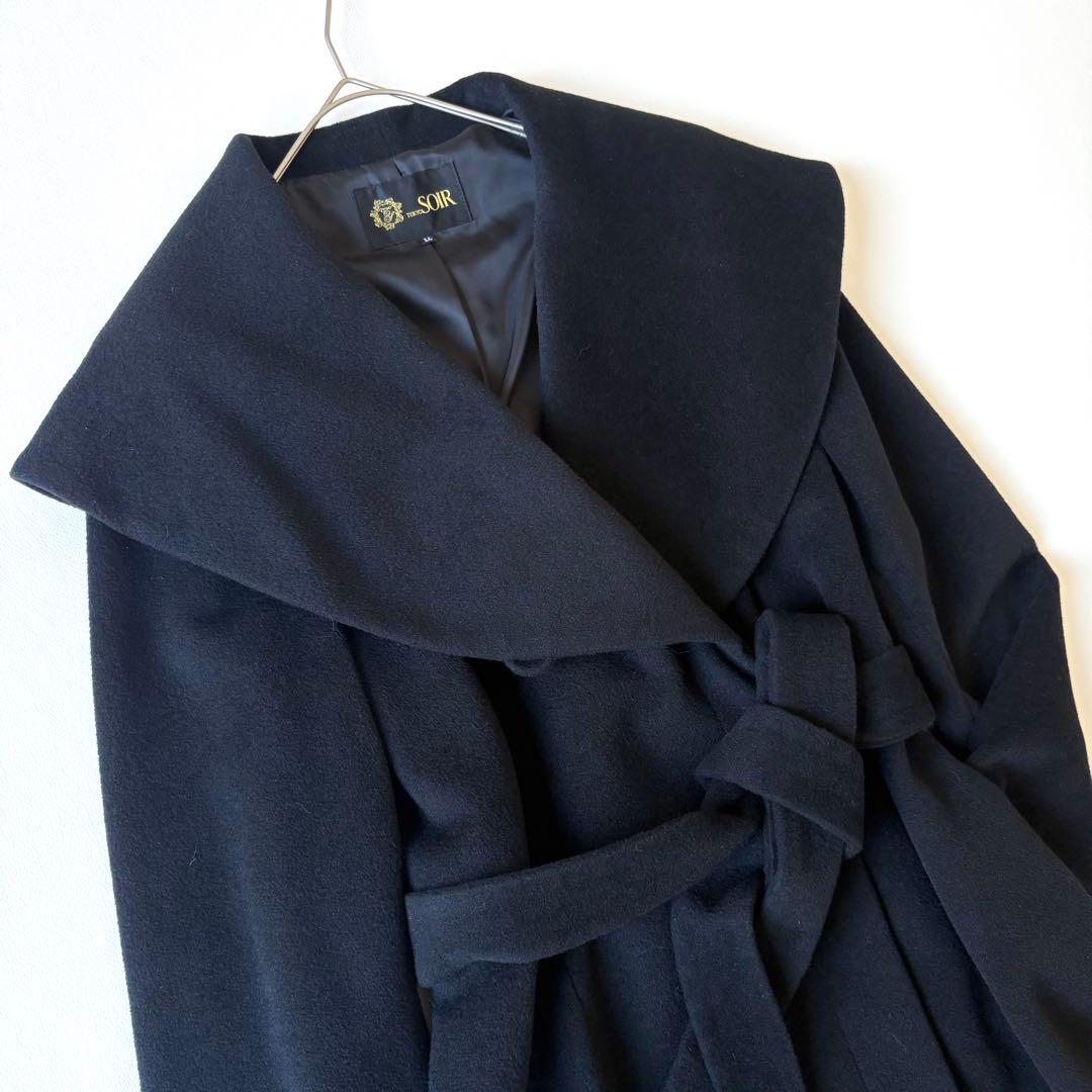 極美品✨東京ソワール 大きいサイズLL 女優襟 ロングコートアンゴラ ウール 黒