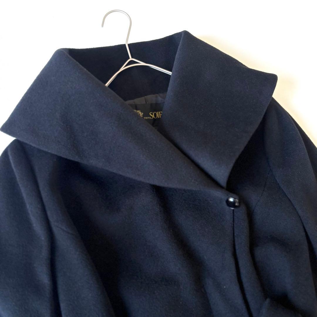 極美品✨東京ソワール 大きいサイズLL 女優襟 ロングコートアンゴラ ウール 黒