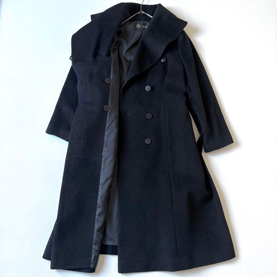 極美品✨東京ソワール 大きいサイズLL 女優襟 ロングコートアンゴラ ウール 黒